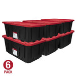 (6 pack) Hyper Tough Large Storage Bin, 27 Gallon Plastic Storage Container with Snap-On Lid, Black and Red, Industrial
