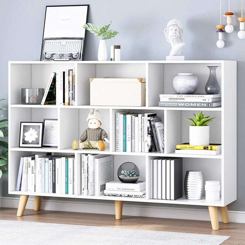 Wooden Open Shelf Bookcase - 3-Tier Floor Standing Display Cabinet Rack With L