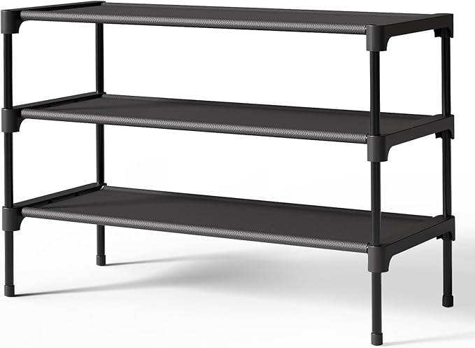 Shoe Rack - Premium Non-Woven Shoe Rack Shelf, Shoe Organizer for Closet, Entryway, Garage & Corridor, Sturdy & Durable Long Stackable Shoe Shelves, Medium, Black