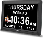 Digital Dementia Alarm Clock Large Display for Seniors, Plug in Electric Date Day of Week Calendar Clock 12 Alarms 3 Ringtones for Elderly Memory Loss Alzheimerโs, Auto DST (7" Black)