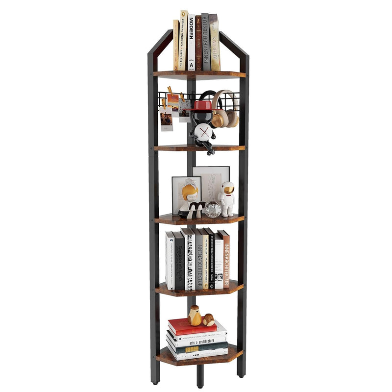 5-Tier Corner Shelf, Freestanding Corner Bookshelf, Plant Stand, Industrial Bo