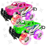 Pink And Green Light Up Monster Truck Set For Boys And Girls, Set Includes 2, 6 Inch Monster Trucks With Beautiful Flashing Led Tires, Push N Go Toy Cars, Best Gift For Kids, For Ages 3+