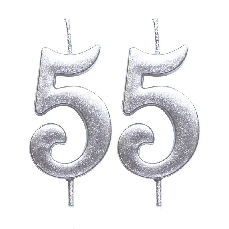 Silver 55Th Birthday Numeral Candle, Number 55 Cake Topper Candles Party Decor