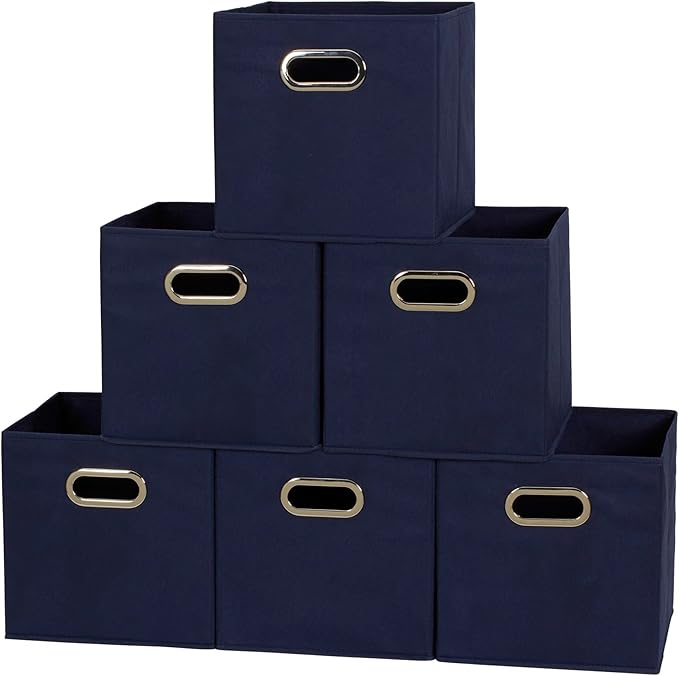 Set of 6 Foldable Fabric Storage Bins, Navy Blue, 81-1 Cubes with Handles