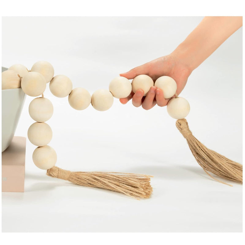Large Wood Bead Garland With 1.6" Diameter Wooden Beads And Tassels, Decorativ