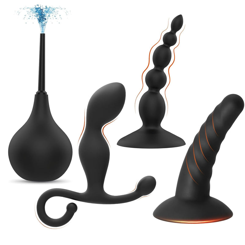 4 Pcs Anal Trainer Anal Training Kit With Douche Enema Bulb Cleaner Adult Sex Toys For Men And Women Beginners, Waterproof Silicone Anal Beads Butt Plug Set Strong Suction Cup Prostate Massager