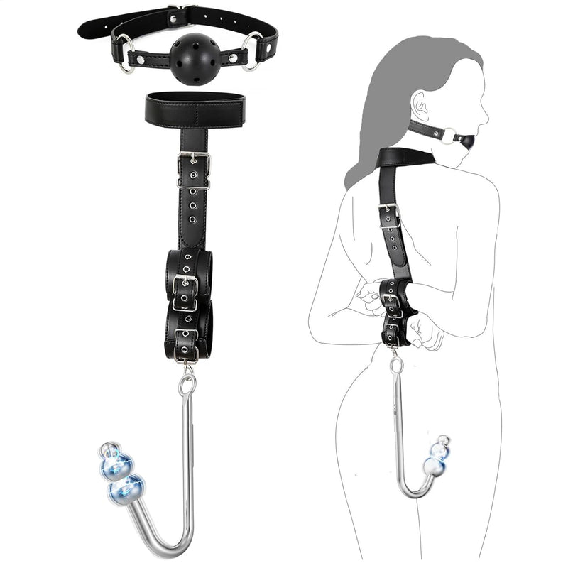 Bdsm Vibrating Anal Hook With Ball Gag, Sex Bondage Set Anal Trainer With Collar, Handcuffs & Adjustable Strap, Restraints Kit Role Play Butt Plug Fetish Slave Sm Adult Sex Toys Unisex