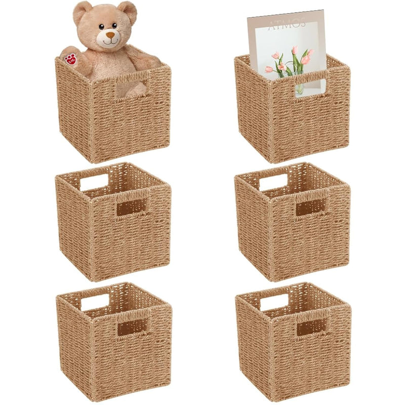 6 Pack 8.7 Inch Wicker Baskets, Hand-Woven Paper Rope Storage Baskets, Foldable