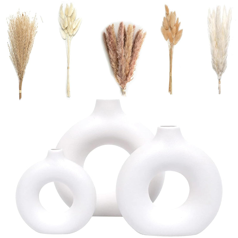 Set Of 3 White Ceramic Vase With 65 Pcs Dried Pampas Grass Flowers Aesthetic B