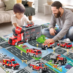 Fire Trucks Toy Set With Play Mat, Carrier Truck Play Vehicles Set For 3 4 5 6 Years Old Boys Kids, Die-Cast Car Toy For Toddlers 3-4 Years, Birthday Gifts Toys For 3-9 Year Old Boys