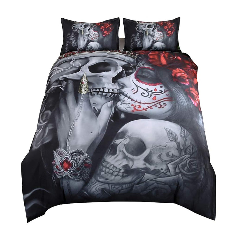 , Bedding Duvet Cover Sets, 3D Dead Sugar Skull Girl Kissing Skull Home Beddin