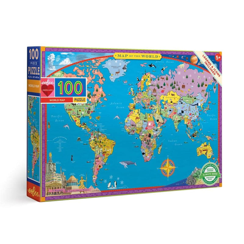 eeBoo: World Map 100 Piece Puzzle, Provides Wanderlust to All Ages, 100 Glo