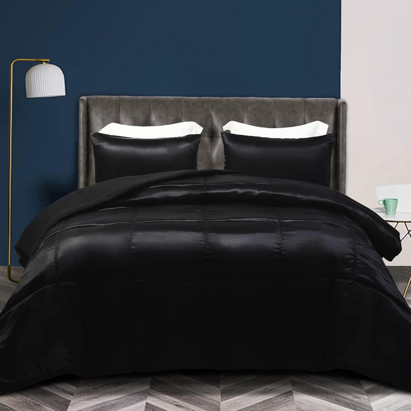3-Piece Reversible King Size Silk Comforter Set/Bedding Set, Soft Satin Comfor