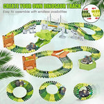 174 Pcs Flexible Dinosaur Train Tracks And Race Cars Playset With 8 Dinosaurs Figures, Electric Vehicles, Lights - Create Road Racing World For Toddlers And Kids