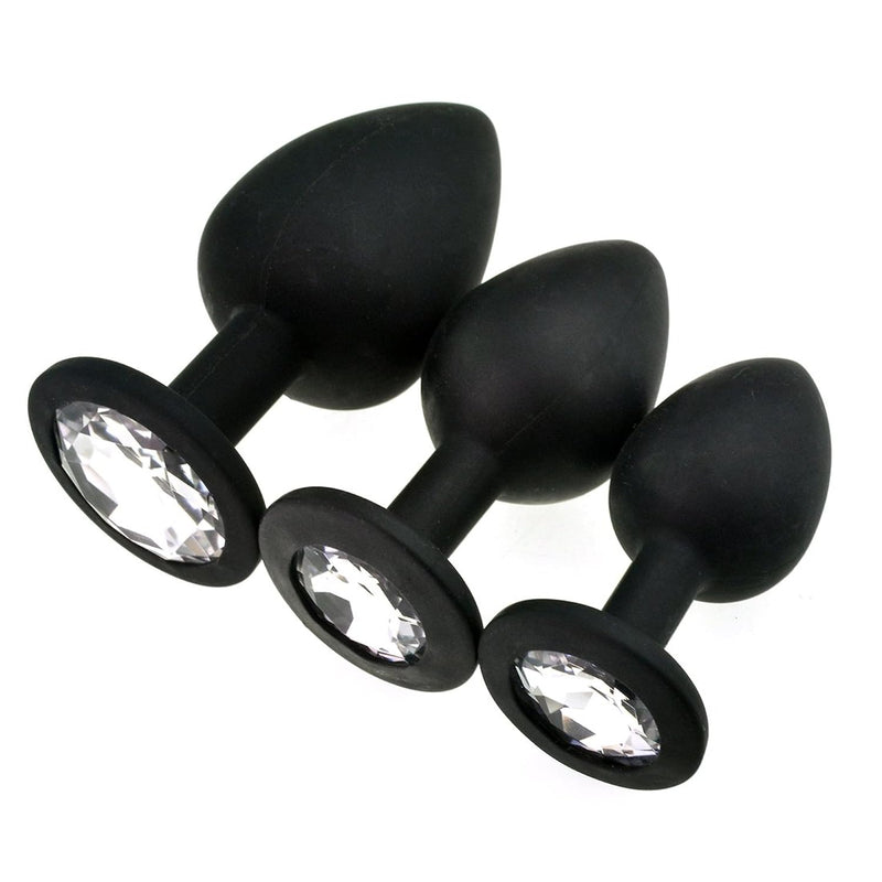 3 Pcs 3 Size Silicone Jeweled Anal Butt Plugs Anal Trainer Toys Sex Love Games Personal Massager For Women Men Couples Lover (Black+White)