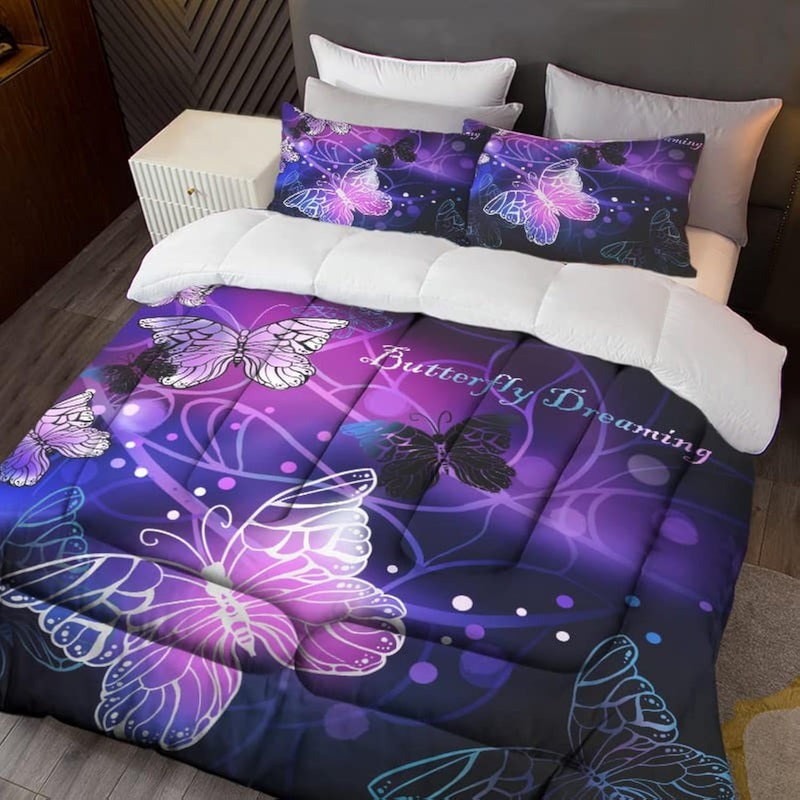 Butterfly Comforter Set For Girls 3D Purple Butterfly Bedding With Comforter F