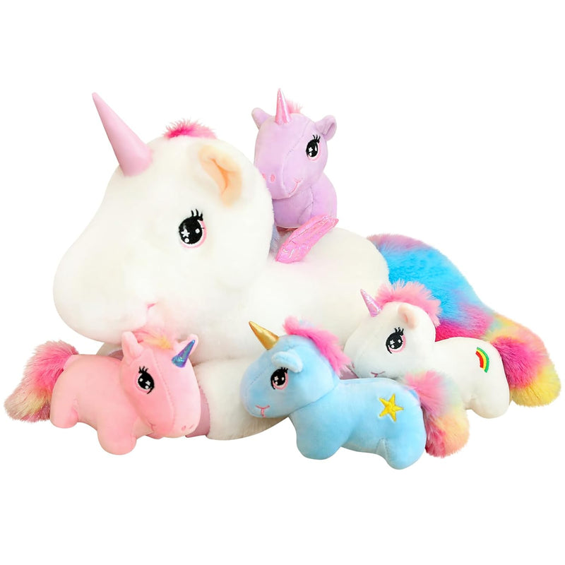 Cute Unicorn Stuffed Animals With 4 Babies In Her Tummy, Rainbow Flying Uni