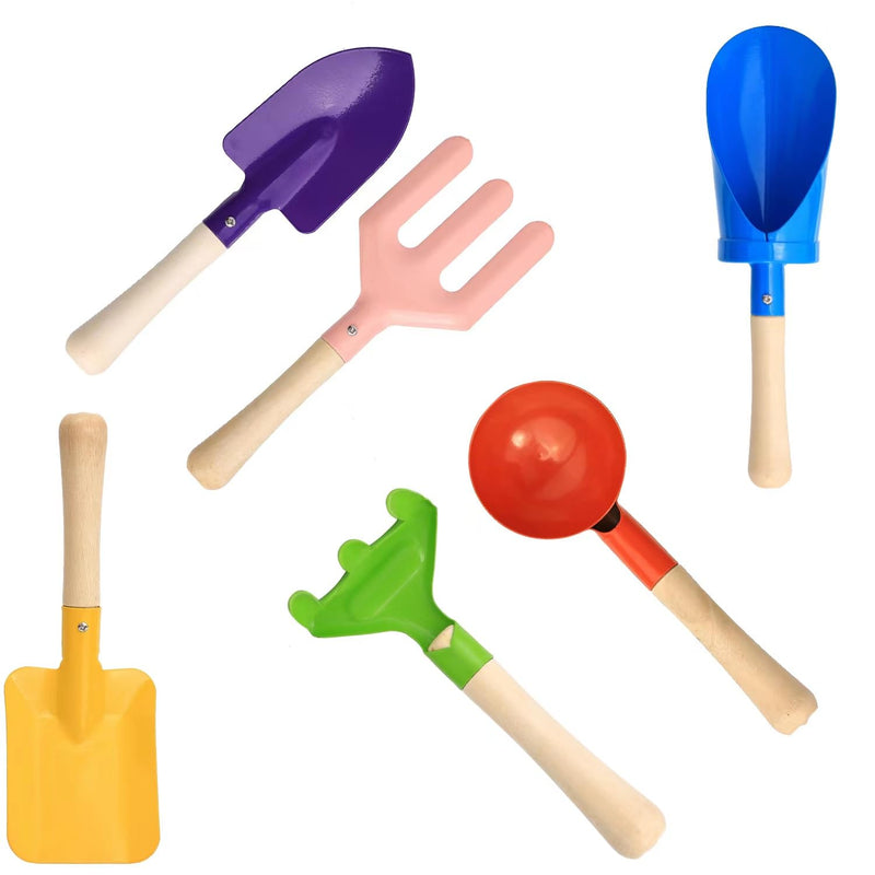 6 Pcs 8" Kids Garden Tools, Made Of Metal With Sturdy Wooden Handle, Beach