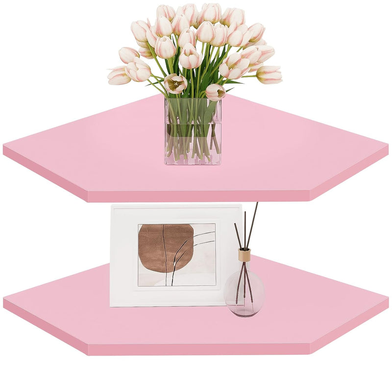 Corner Floating Shelves, Corner Wall Shelf With Cord Hole, 2 Tier Wood Hanging