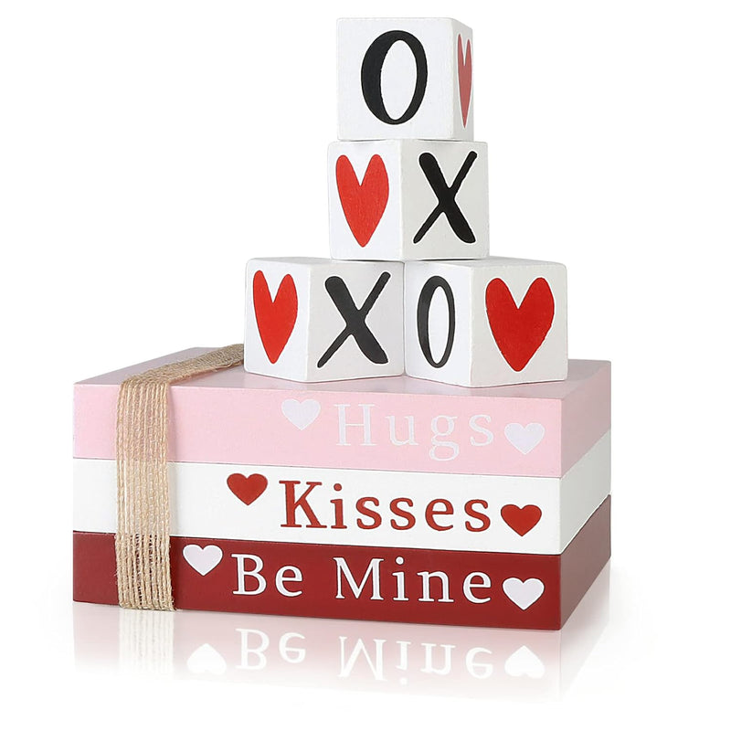 Valentines Day Decor, Wooden Sign Book Stack With 4 Xoxo Signs, Valentines Dec