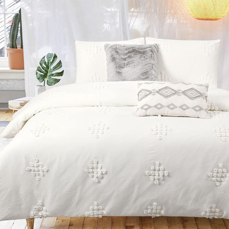 Ivory Duvet Cover Boho King Cream Cotton Textured Tufted Diamond Moroccan Clip
