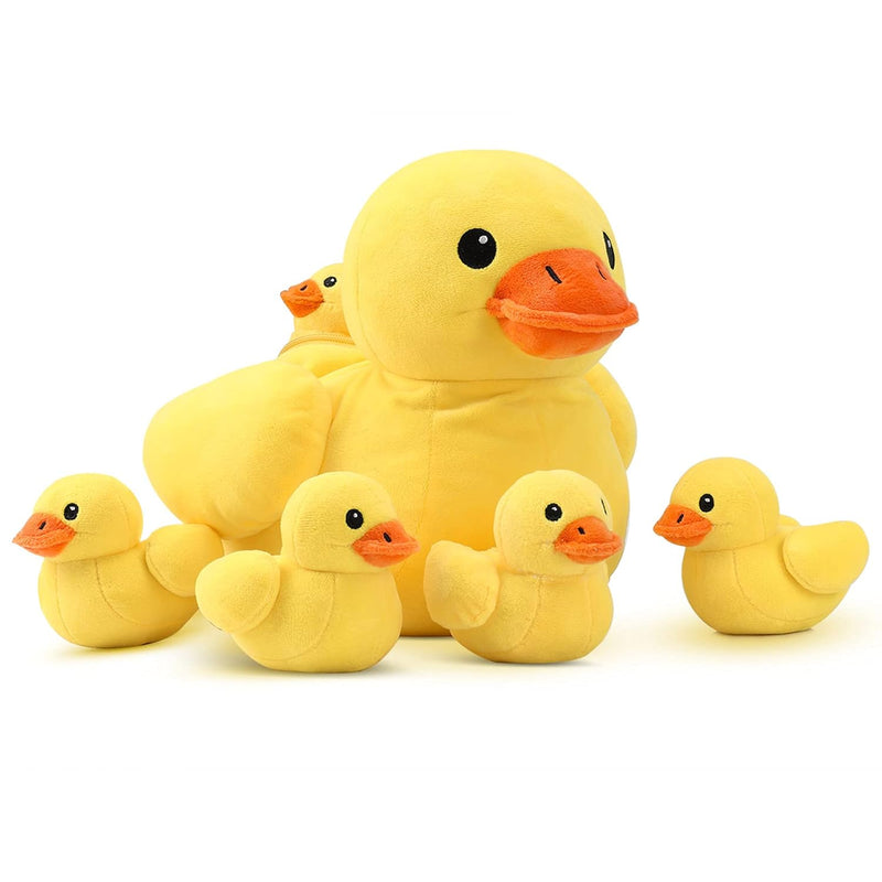14" Yellow Duck Stuffed Animal With Babies, Ducky Plush Playset With Zipper