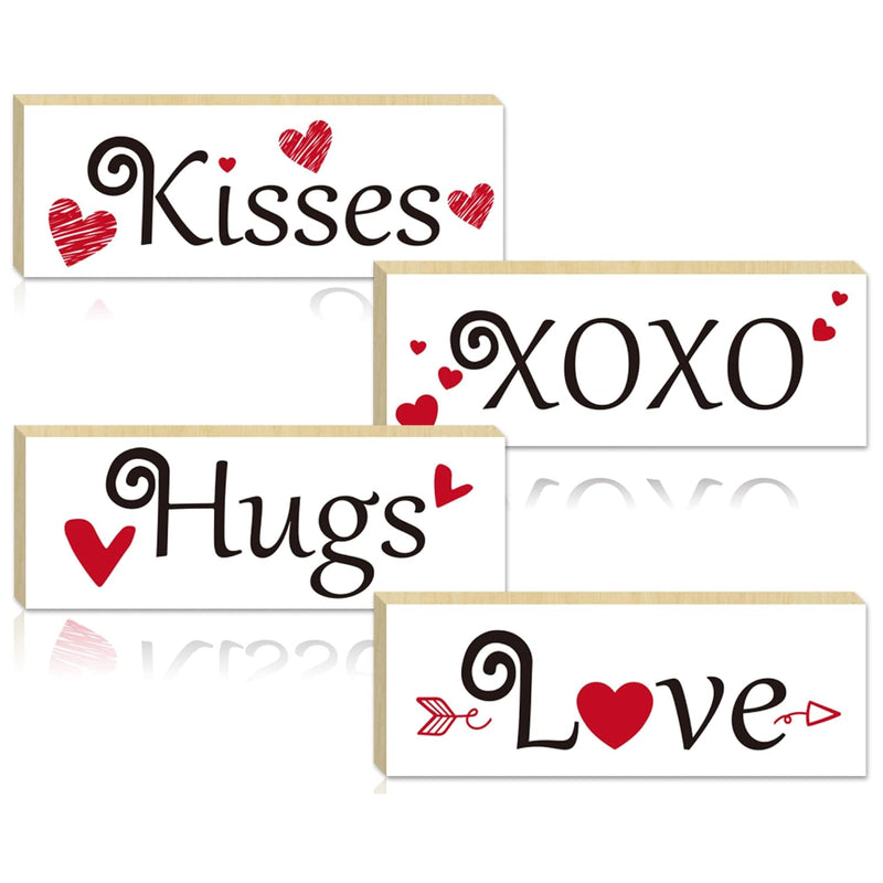 4Pcs Valentine'S Day Decorations, Hugs Kisses Valentines Wooden Sign Gift Tabl