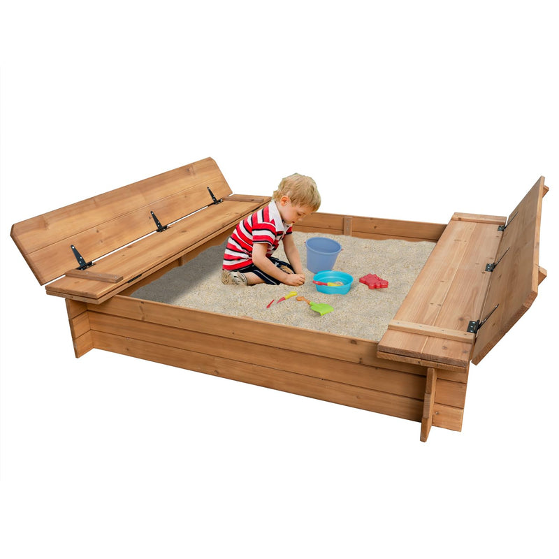 Wood Sandbox With 2 Bench Seats, Sand Boxes With Lid For Kids, Sand Pit Wit