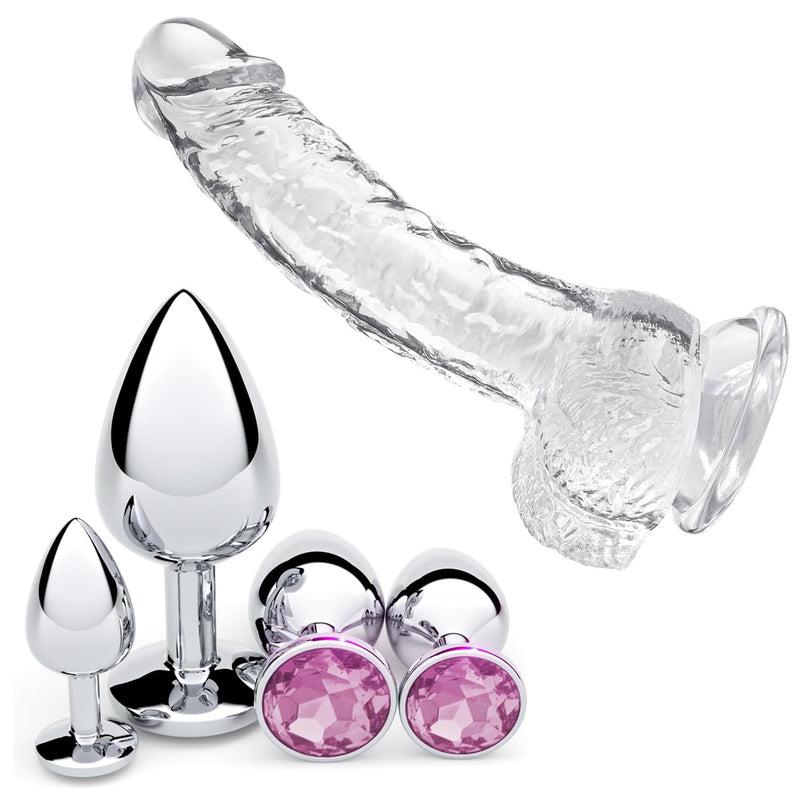 4 Pcs Jewel Butt Plugs Set 7.3 Inch Clear Realistic Dildo, G Spot Anal Sex Adult Toy For Beginner Adult Unisex Women And Men Couple