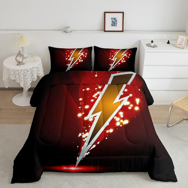 Game Flash Comforter Set,Lightning Strike Bedding Set,Shiny Dots Brown Red Com