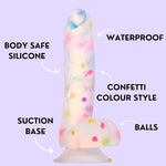 Confetti Clear Silicone Dildo, 7 Inch Flexible & Realistic Dildo With Suction Cup Base, Curved Shaft & Balls For Hands-Free Play