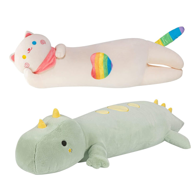 2 Pcs Plush Pillows, 25 Inch Rainbow Cat Plush Pillow + 28 Inch Green Dinosaur