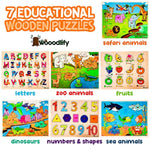 7 Pack Wooden Puzzles For Toddlers 2 3 4 5 Years Old - 7 Colorful Chunky Wood Peg Puzzles For Kids Ages 2-5, Alphabet Shape Numbers Fruits Sea Animals Dinosaur Zoo - Educational Toddler Learning Toys