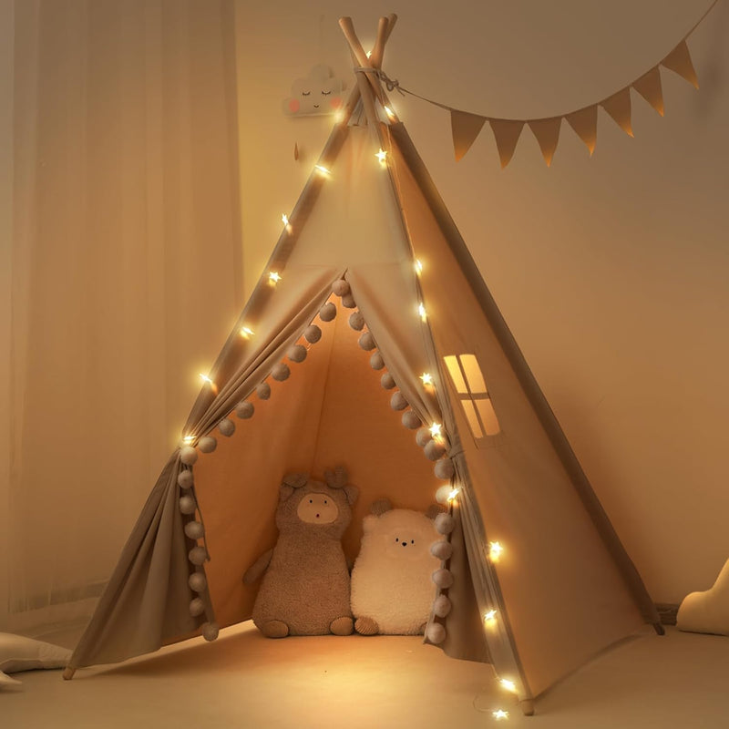 Kids Teepee Tent With Lights &Large Pompoms & Carry Bag, Machine Washable T