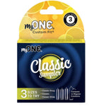 MyONE Classic Sampler Pack of Condoms, Three Custom Fit Sizes (51F, 53F, 55G) with FitKit Measuring Tool and a Silver Pocket Case, 3 Count
