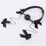 BDSM Black Silicone Mouth Ball Gag with Bowknot Nipple Clamps, Adjustable Bondage Set with Chain for Couples, Extreme Excitement & Passionate Foreplay Sex Toy