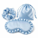 3 Pcs Ruffled Satin Eye Mask Set Light Blue Silk Sleep Mask Silky Blindfold Eyeshade Blackout Eyes Cover Hair Scrunchie and Storage Pouch for Bachelorette Party Bridal Shower Wedding Gift