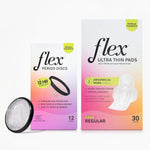 Flex Ultra Thin Pads (30 Count) & Flex Menstrual Discs (12 Count) Bundle | Beginner-Friendly Tampon Alternative | Unscented | Disc Capacity of 5 Super Tampons