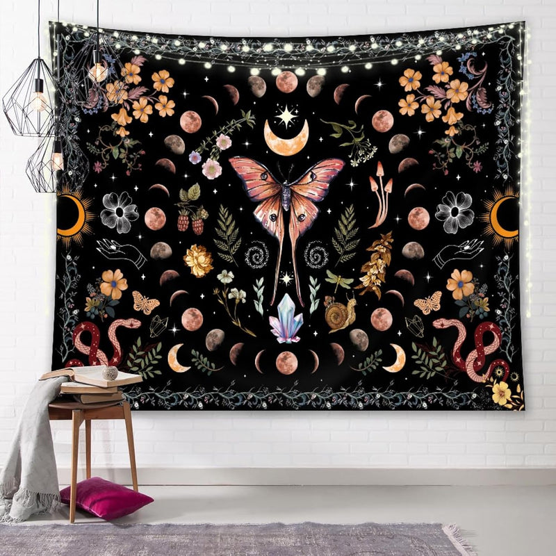 Moth Moon Phase Tapestry Vintage Wall Art 80Wx60H Inch Gothic Floral Flower Bu
