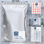 15 Pack 5 Gallon Mylar Bags with Oxygen Absorbers - 10.5 Mil Mylar Bags for Food Storage with 15 Single Sealed 2000cc Oxygen Absorbers & Labels & Clips - for Long Term Food Storage