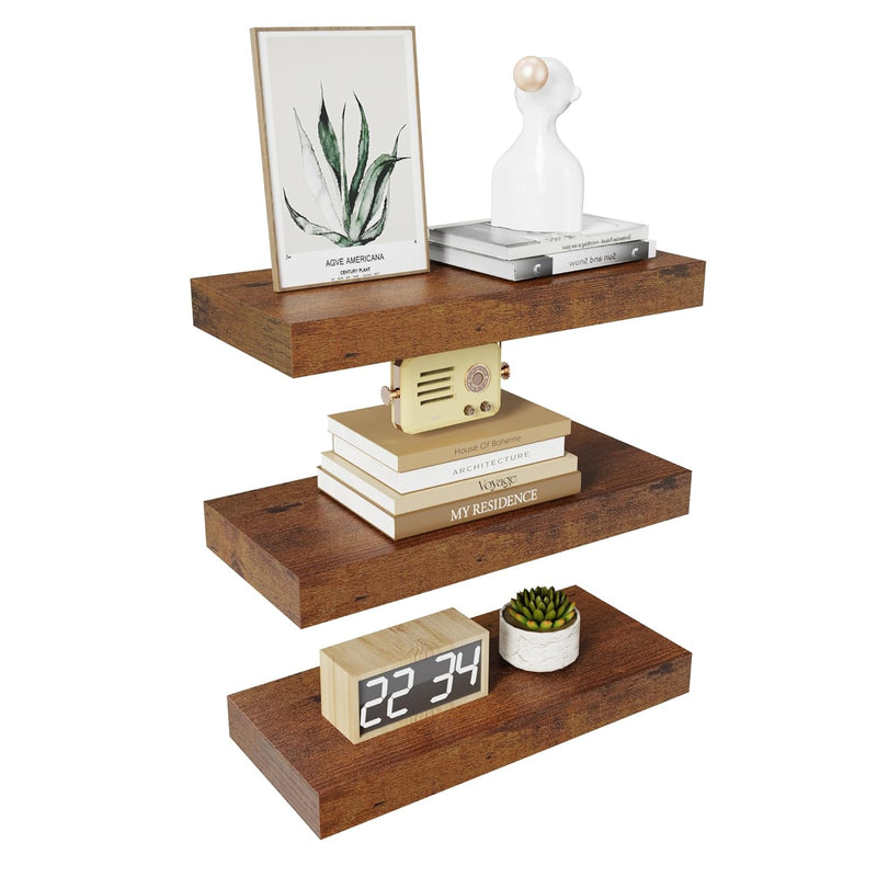 15" Rustic Wood Floating Shelves, Wall Shelves Set Of 3 For Bathroom, Bedroom,