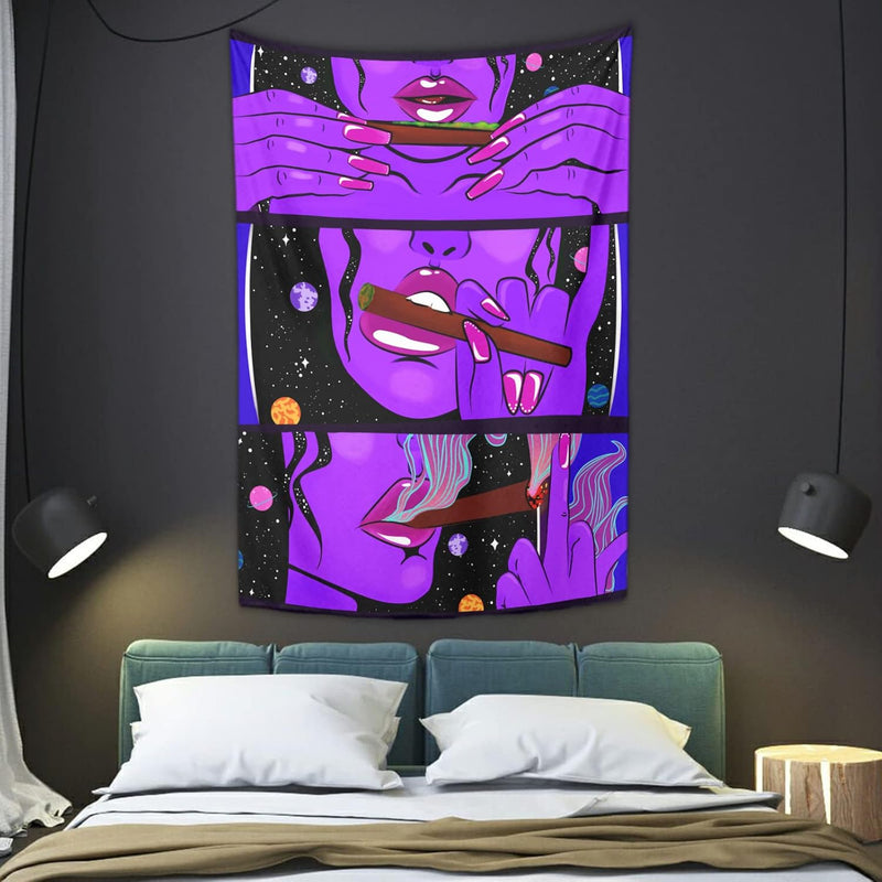Trippy Smoke Cool Girl Tapestry Wall Hanging Hippie Art Print Tapestries Purpl
