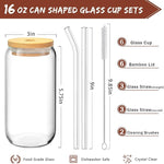 6 Pcs Drinking Glasses with Bamboo Lids and Glass Straw - 16 Oz Can Shaped Glass Cups for Beer, Ice Coffee, Cute Tumbler Cup Great for Soda Boba Tea Cocktail Include 2 Cleaning Brushes