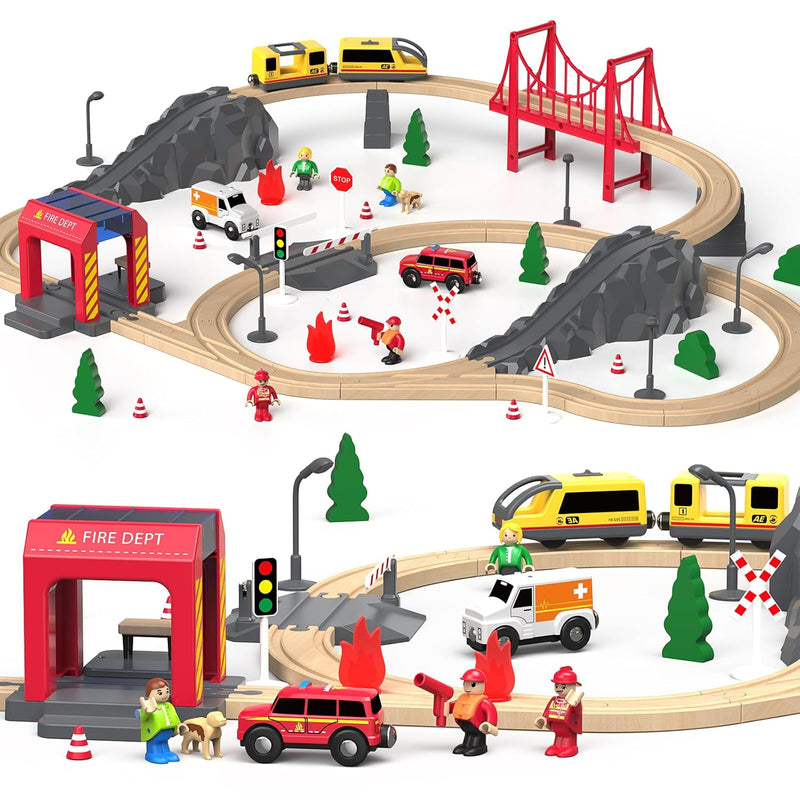 72Pcs Wooden Train Tracks & Trains, Gift Packed Toy Railway Kits For Kids,