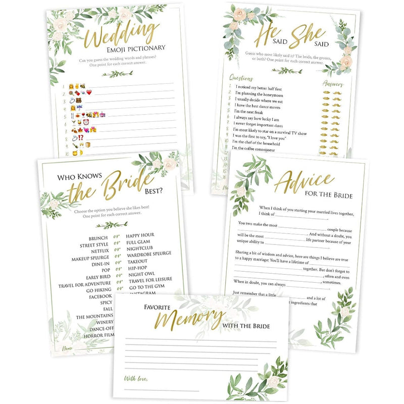 Bridal Shower Games (Set Of 5 Activities For 50 Guests) 5X7 Cards, Double S