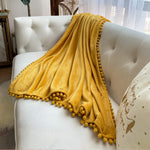 Flannel Blanket With Pompom Fringe Lightweight Cozy Bed Blanket Soft Throw Blanket Fit Couch Sofa Suitable For All Season (51X63) (Mustard Yellow)