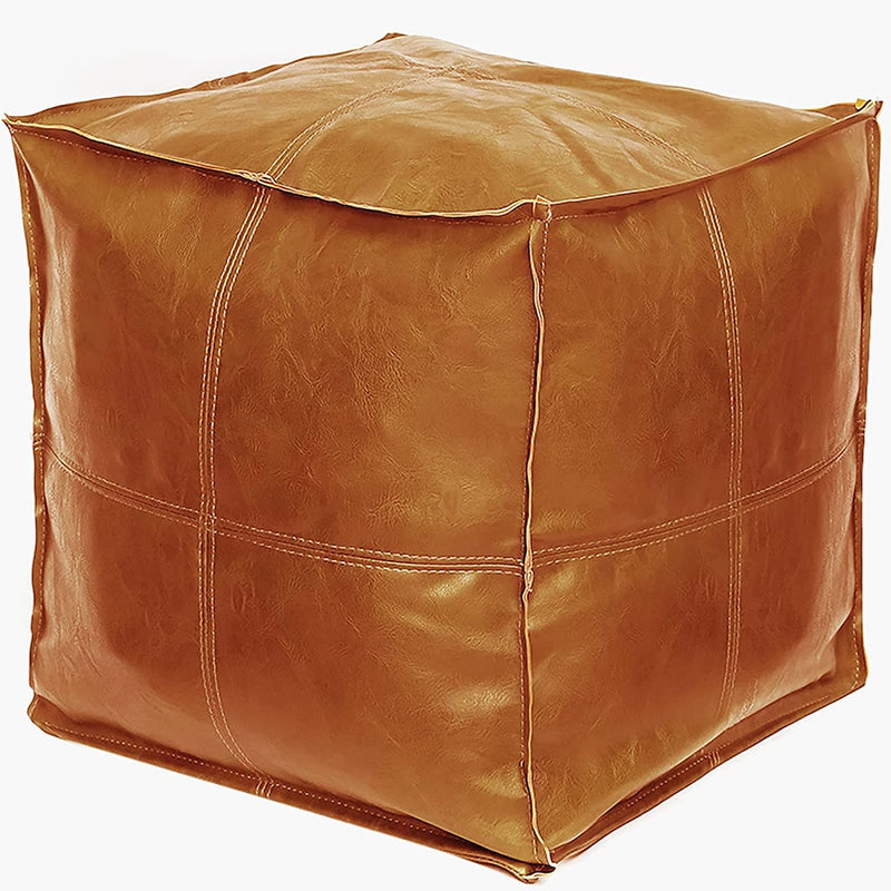 Pouf Ottoman, Unstuffed Pouf Cover, Handmade Faux Pu Leather Moroccan, Orange