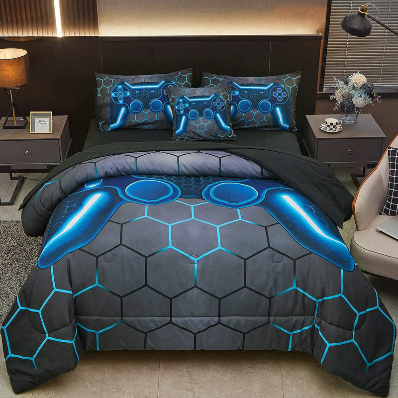 Game Console Blue Comforter Set With Sheets, 6 Pcs Bed In A Bag Geometric Ligh