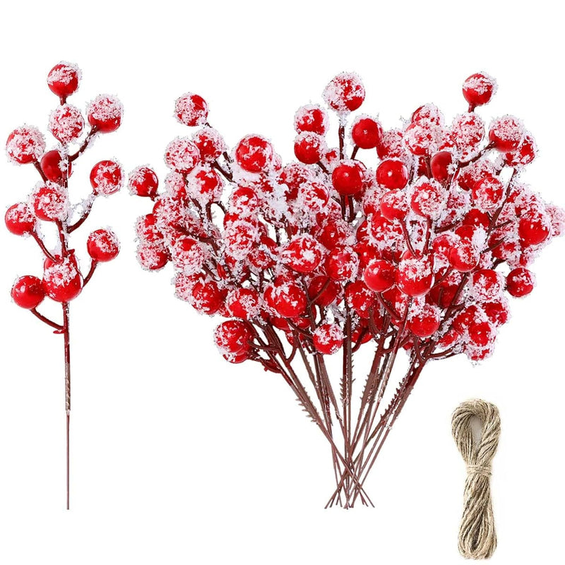 24 Pcs Artificial Holly Berry Stem Picks With Snowflake Glitter Christmas Tree