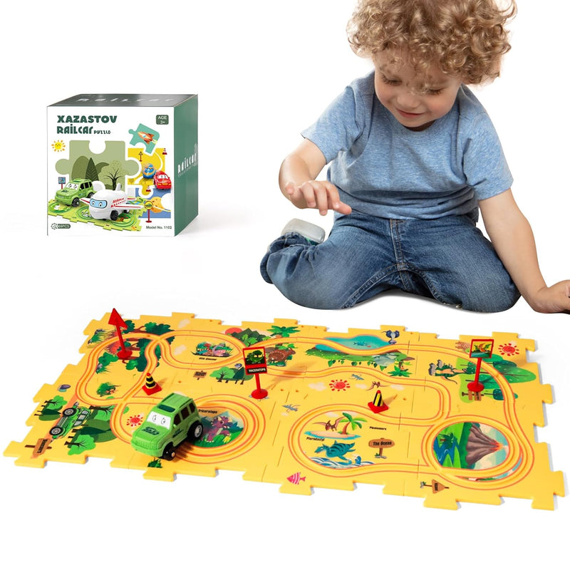Dinosaur Puzzle Track Car Play Set, Plastic Puzzles For Kids Ages 3 5 With